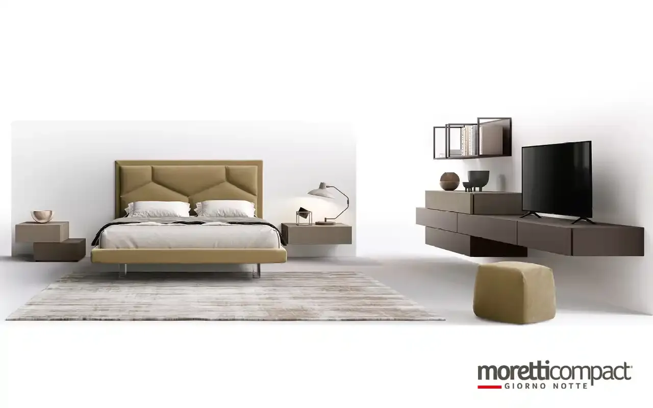 Camera da letto Modula M11 Moretti Compact con elementi sospesi scuri e letto Alcor