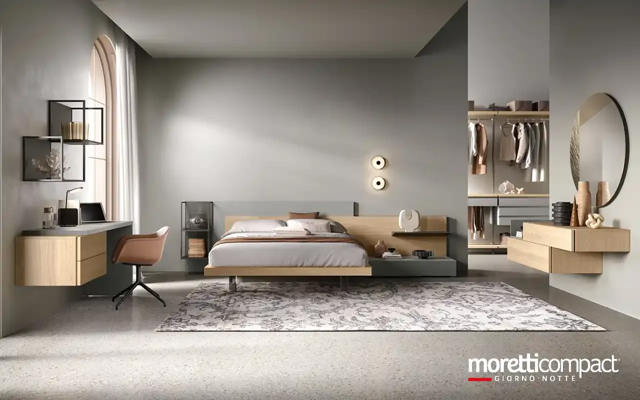 Camera da letto Modula M13 Moretti Compact con scrivania sospesa e letto Bipanel