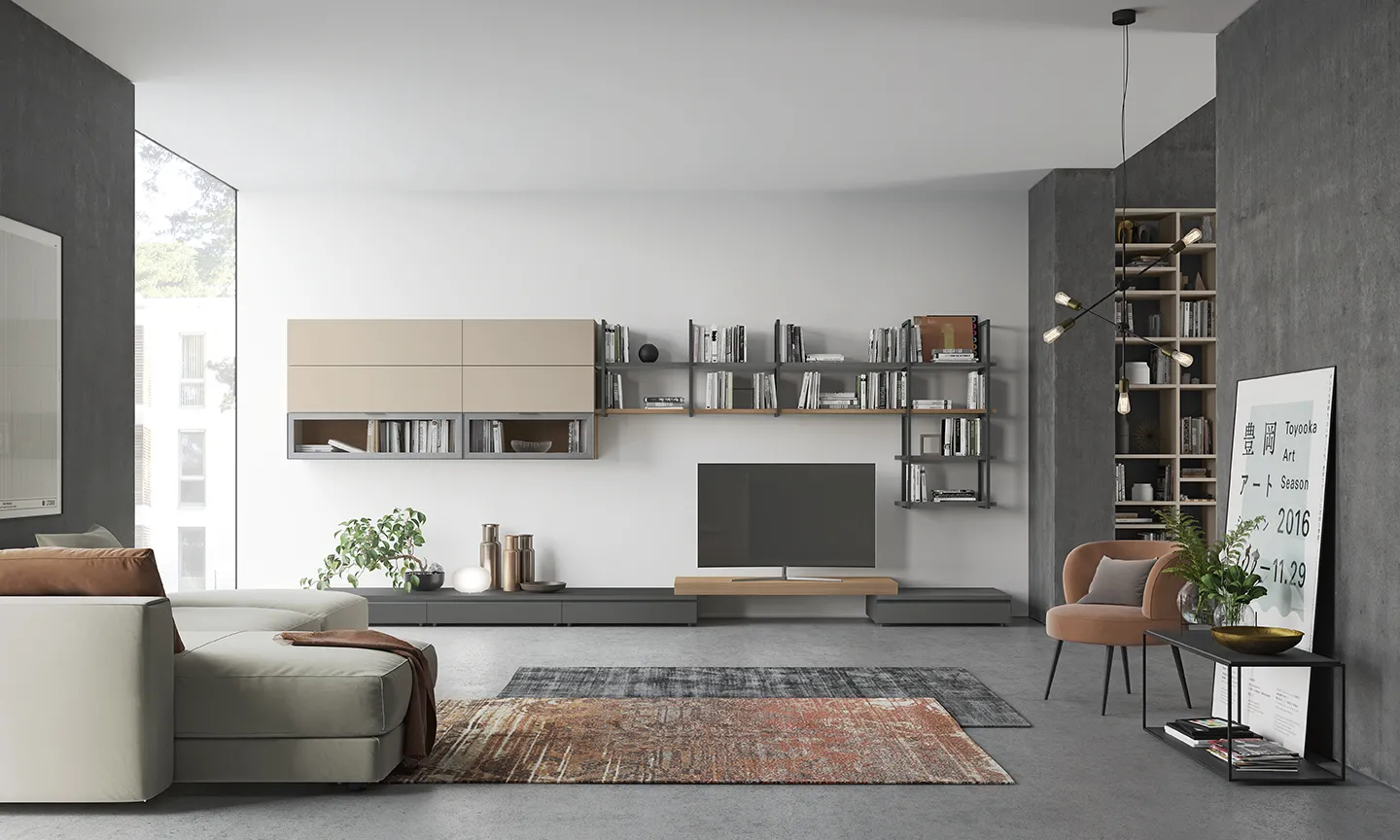 Soggiorno Living Space Il loft essenziale e luminoso Colombini con pensili sabbia e ripiani su montanti