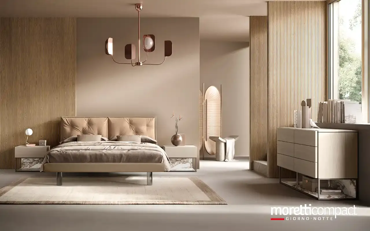 Camera da letto Modula M16 Moretti Compact con letto Cross e comò in legno