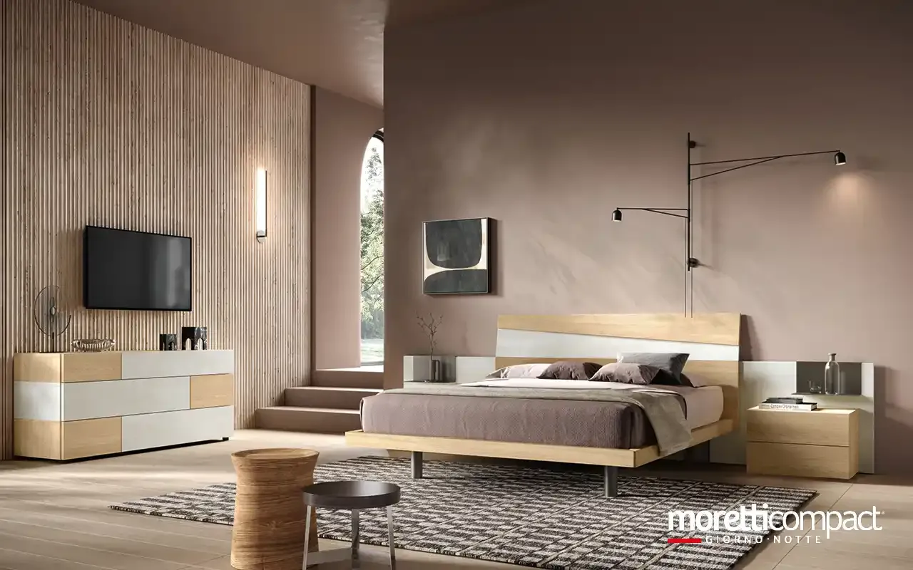 Camera da letto Modula M18 Moretti Compact con letto Icaro e comò con TV