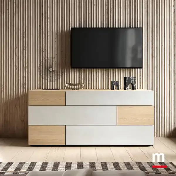 Comò Modula M18 Moretti Compact in rovere e resina sotto la TV