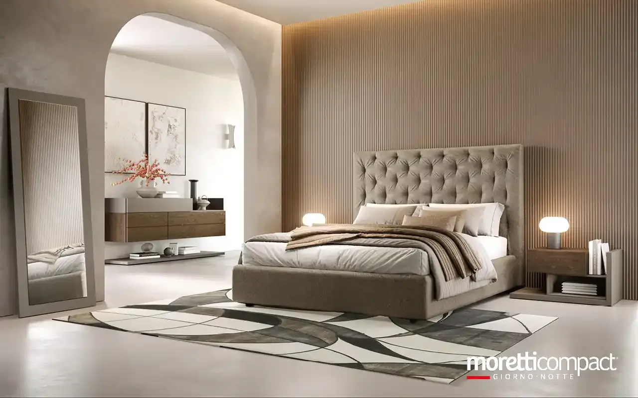 Camera da letto Modula M19 Moretti Compact con letto Merak capitonné