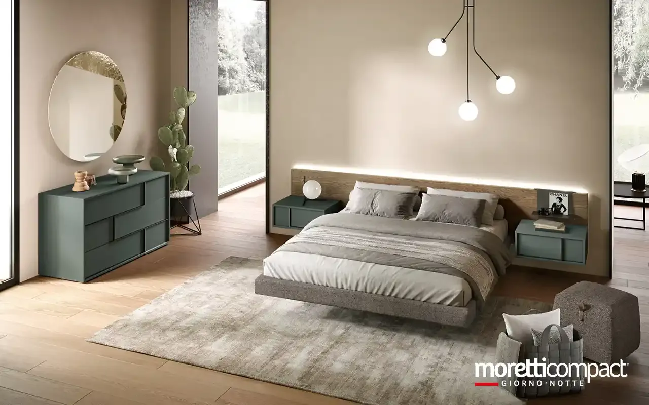 Camera da letto Profile P12 Moretti Compact con testata Wall Panel e comò verde