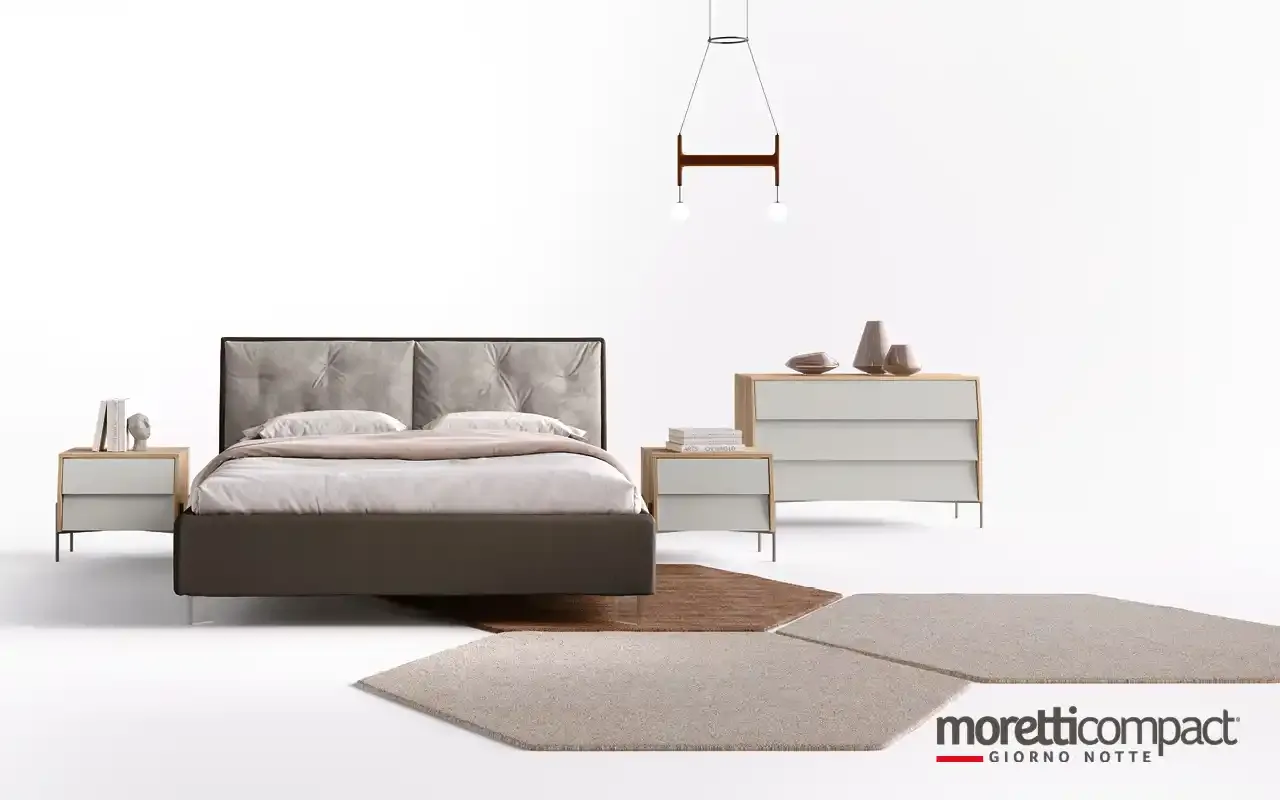 Camera da letto Aurora R11 Moretti Compact con letto Cross e comodini a frontali inclinati