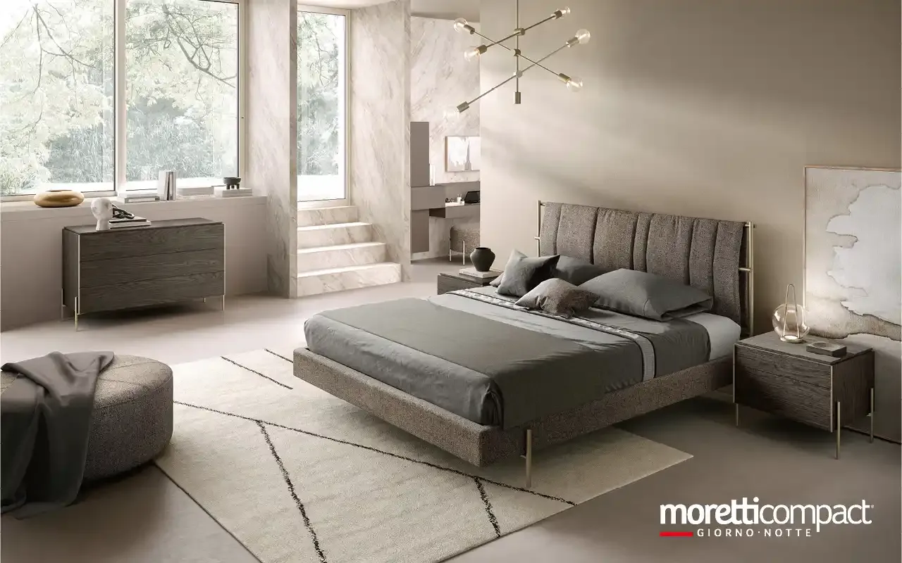 Camera da letto Ventura V12 Moretti Compact con letto Rigel e comò in rovere piombo