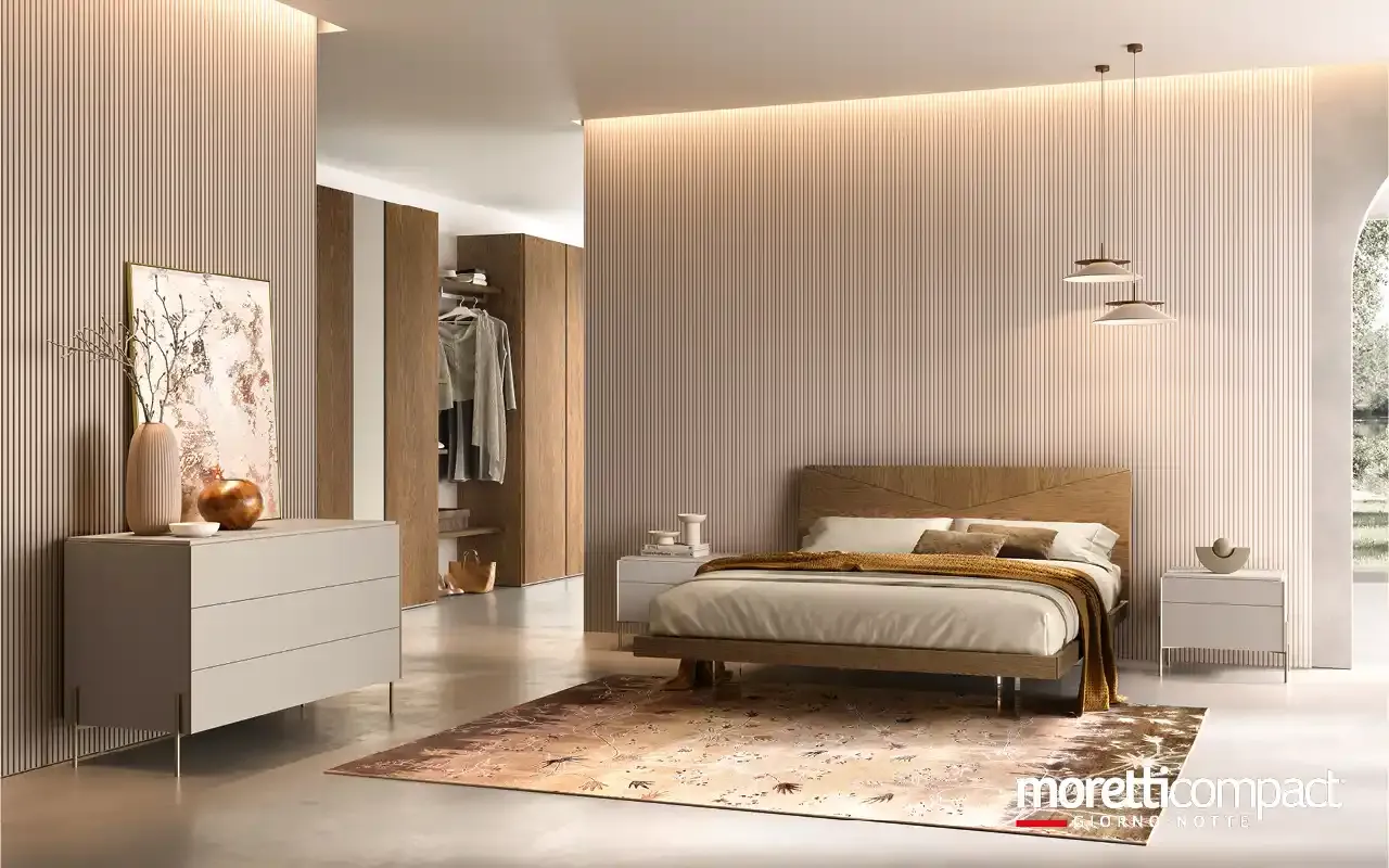 Camera da letto Ventura V13 Moretti Compact con letto Apollo in rovere e comò perla