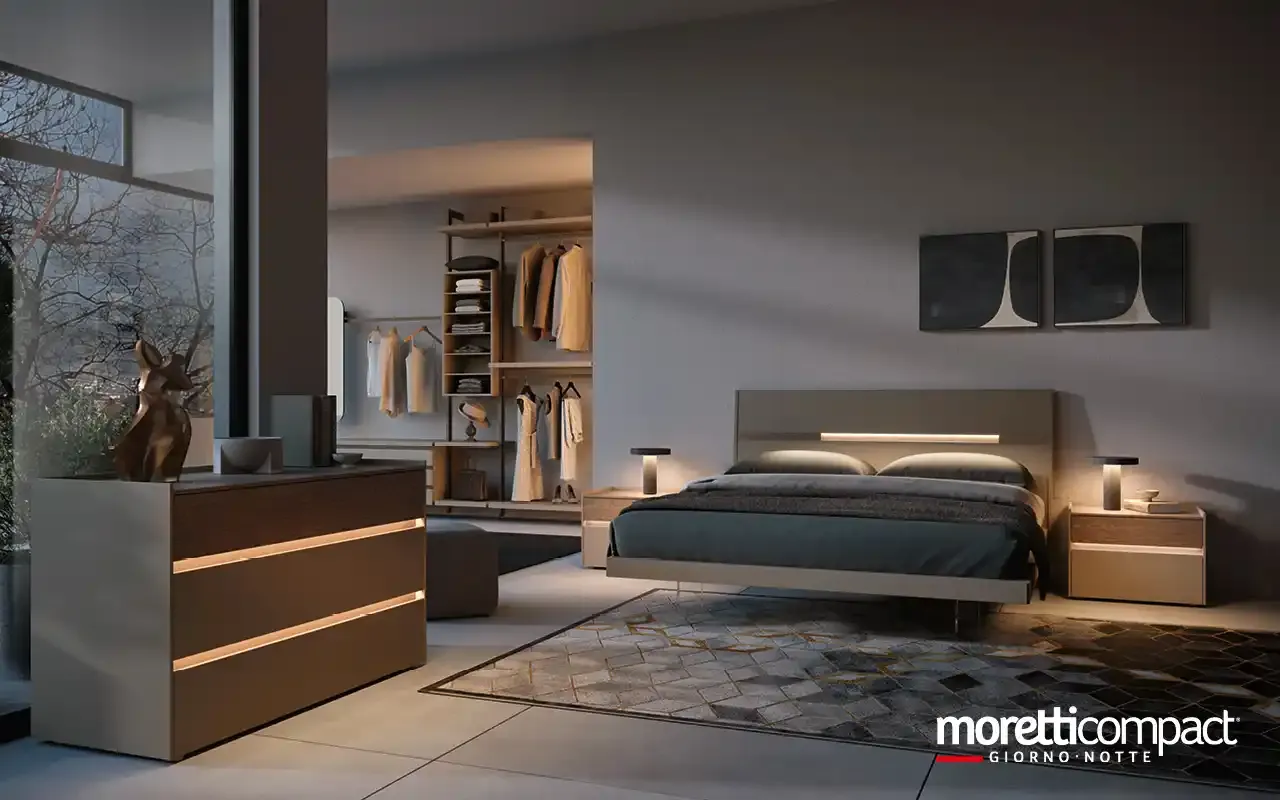 Camera da letto Brize Z12 Moretti Compact con letto Gleam illuminato e comò in rovere