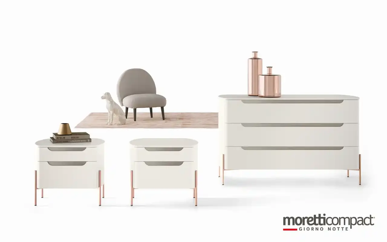 Gruppo notte Ambra Moretti Compact con comò e due comodini bianchi dagli angoli arrotondati