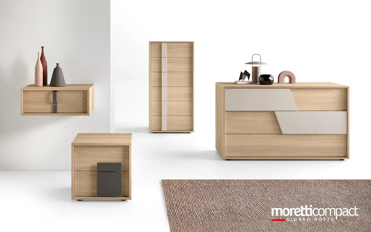 Gruppo notte Gemma Moretti Compact in rovere con comò, settimino e comodini