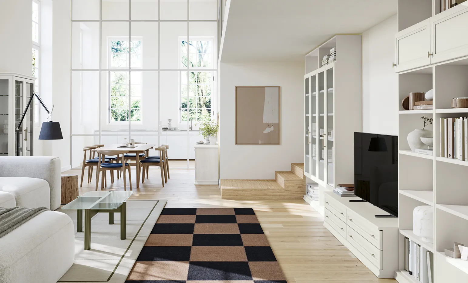 Soggiorno Arcadia Mezzogiorno Moderno Colombini con librerie bianche, base porta tv e zona pranzo