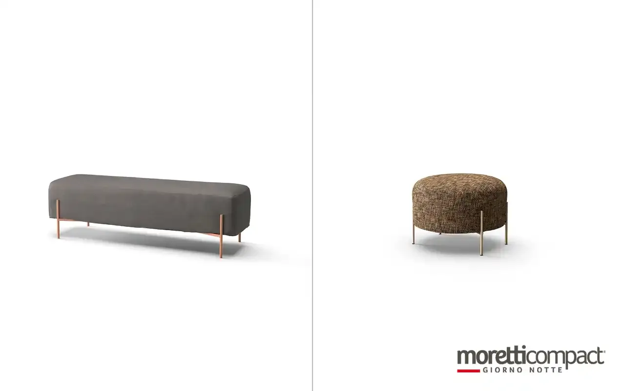 Panca grigia e pouf rotondo con basamento in metallo Moretti Compact