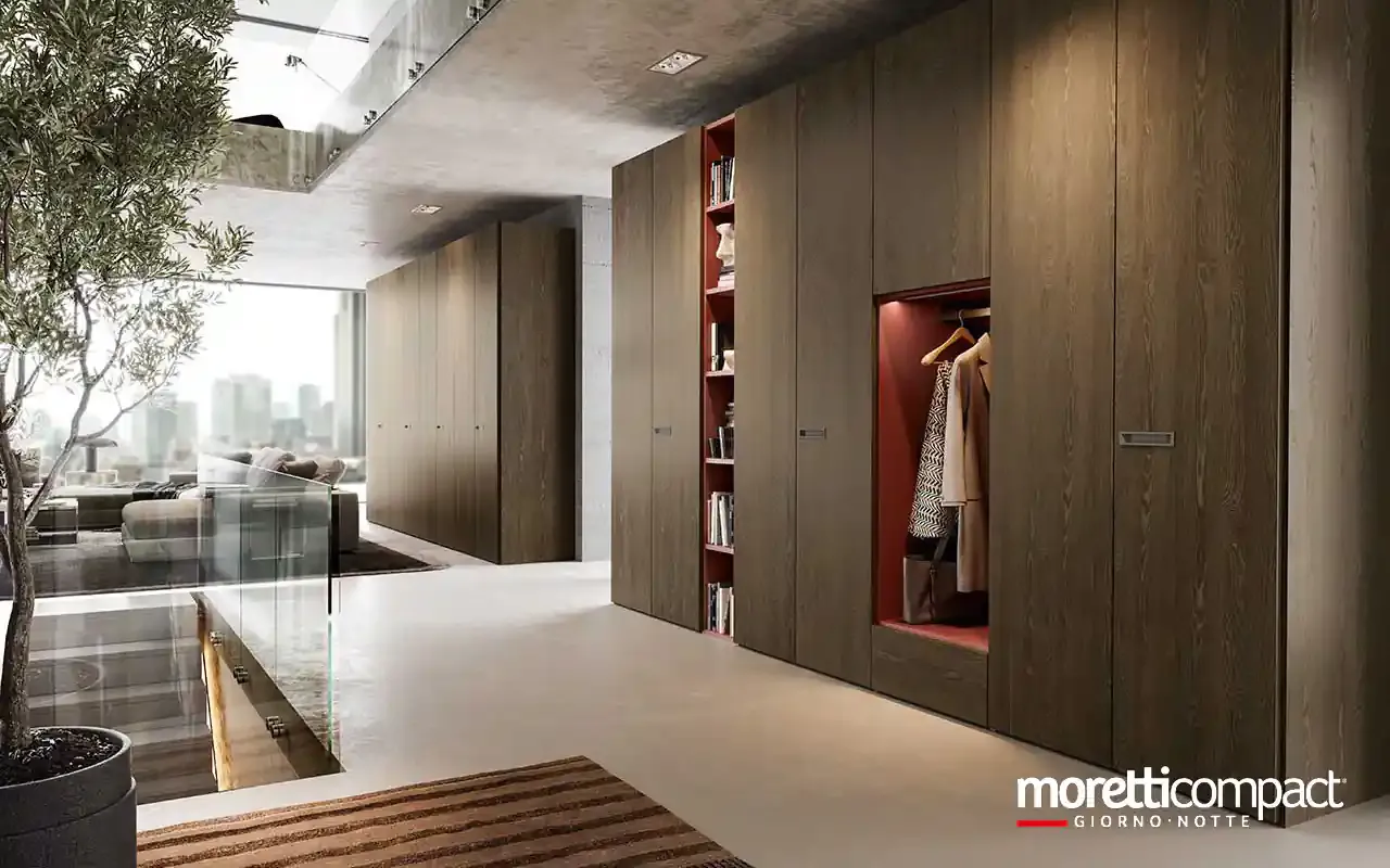 Armadio battente Zenith B359 Moretti Compact in rovere con libreria e vano a giorno