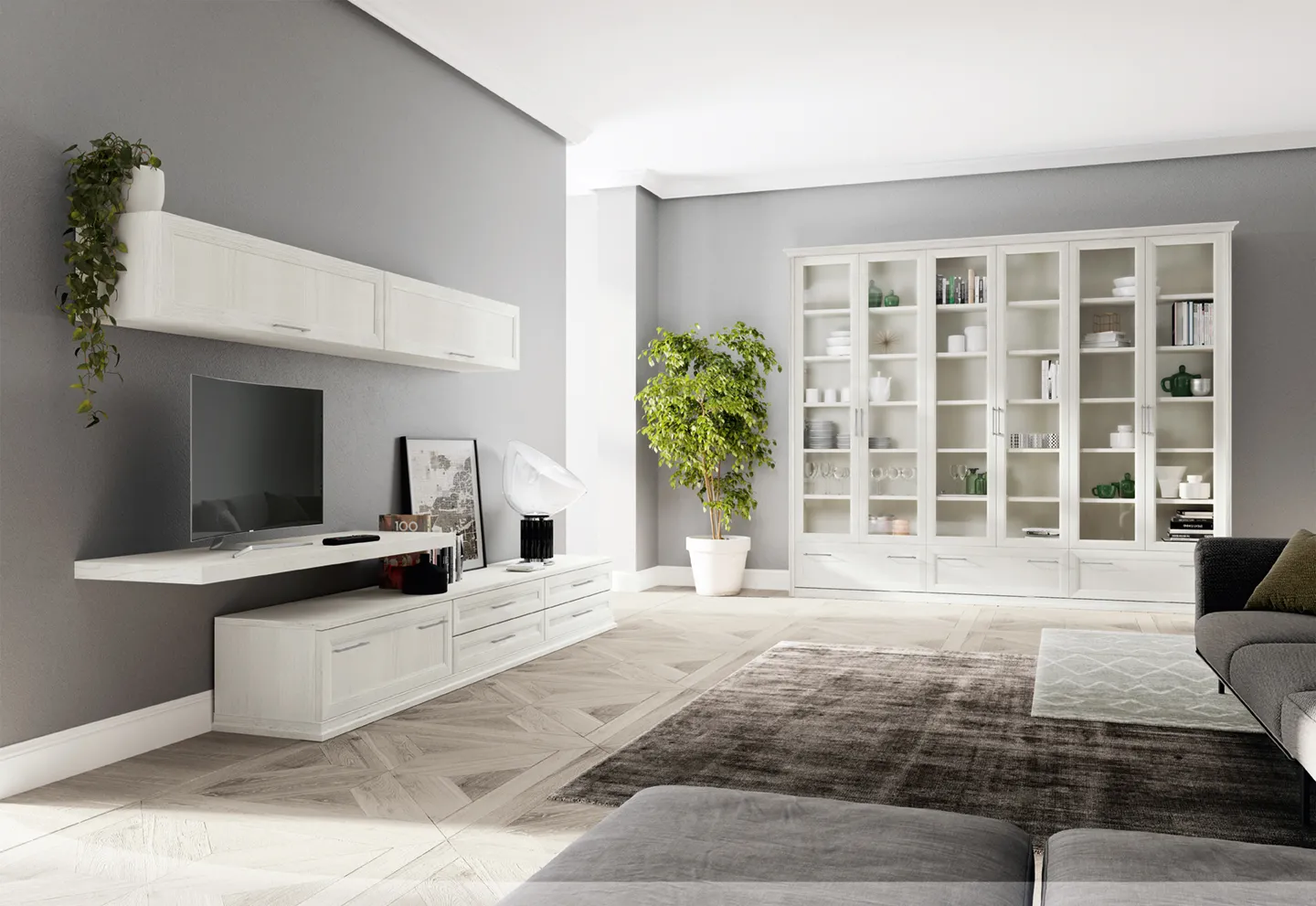 Soggiorno classico Arcadia Mezzogiorno Colombini con librerie e vetrine bianche e base sospesa porta tv