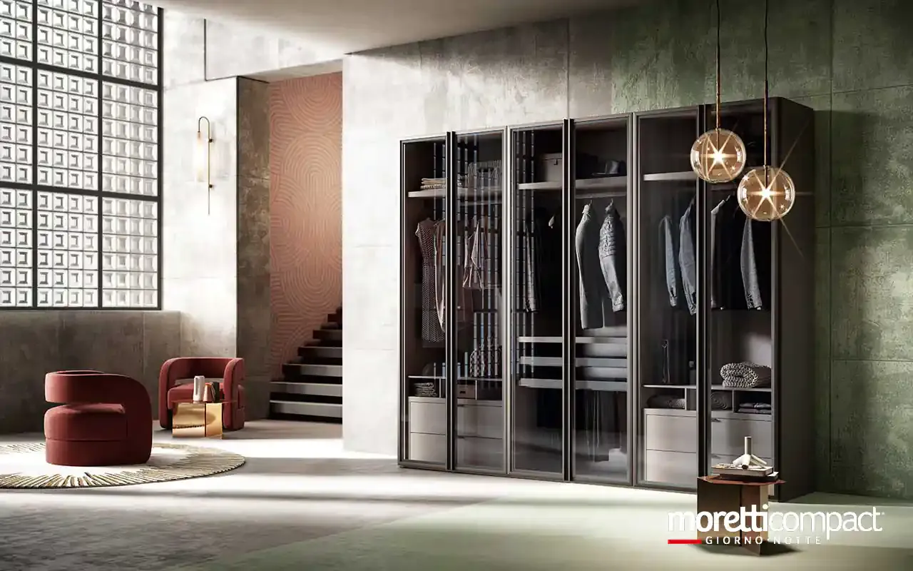 Armadio battente Zenith B370 Moretti Compact con ante in vetro fumé e interno visibile