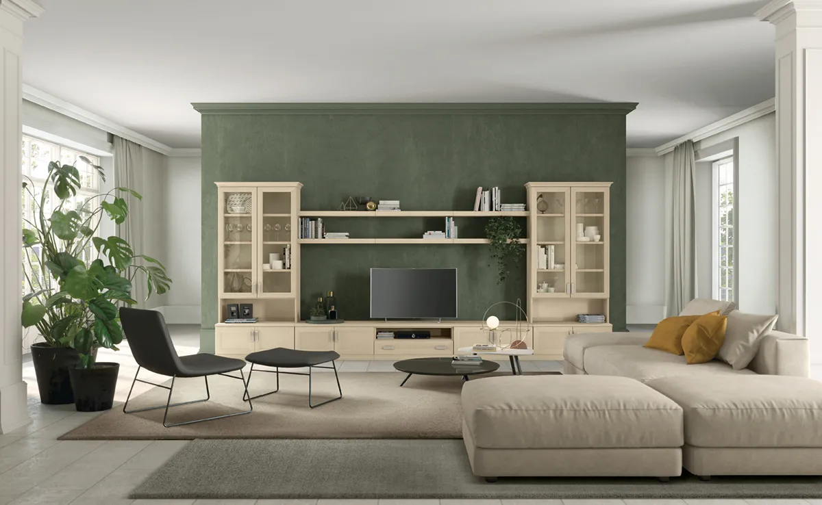 Soggiorno Arcadia Mezzogiorno Classico Colombini con due vetrine canapa e base tv su parete verde
