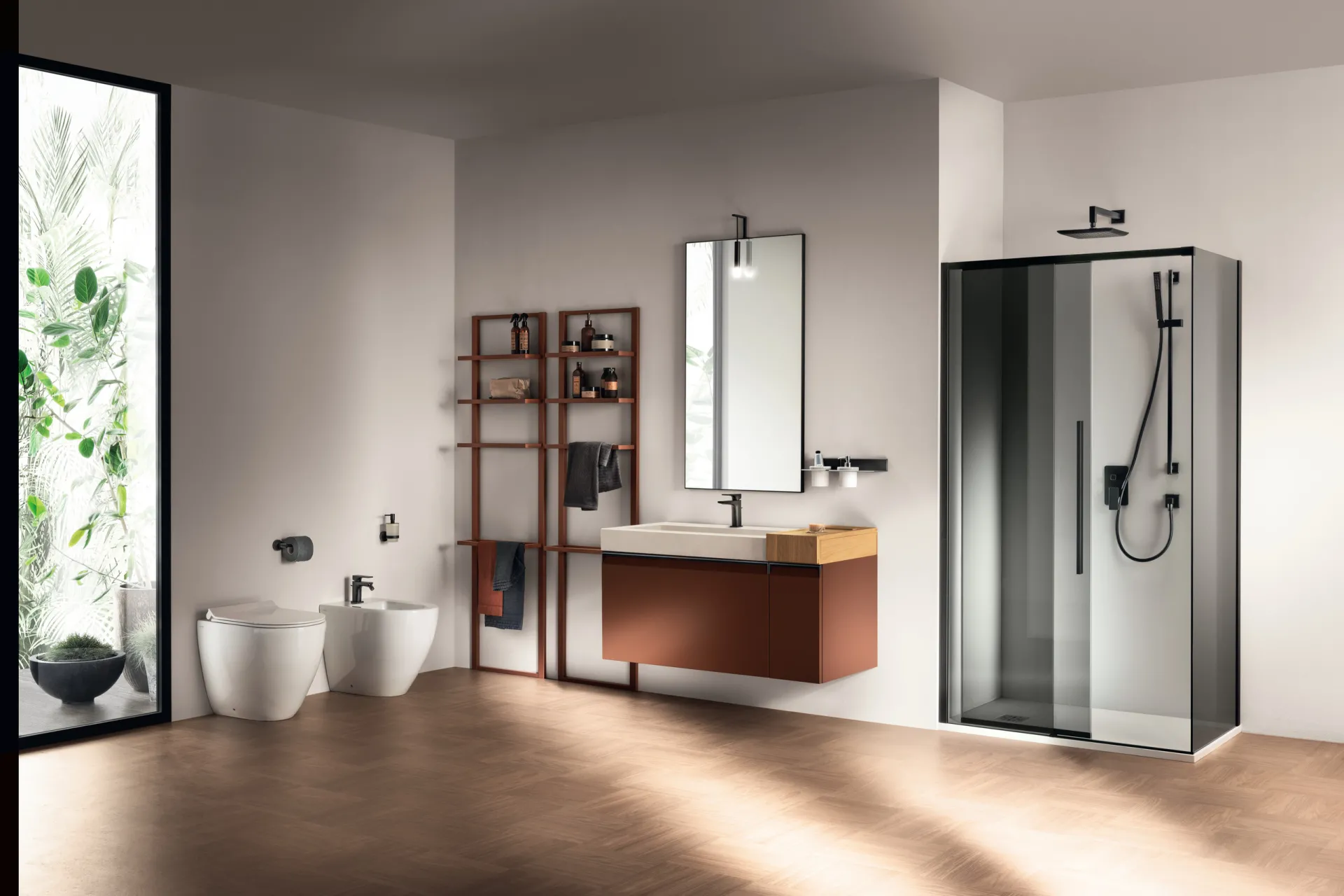 Bagno Formalia Scavolini con base sospesa color Ruggine, scaffali Status e box doccia in vetro fumé