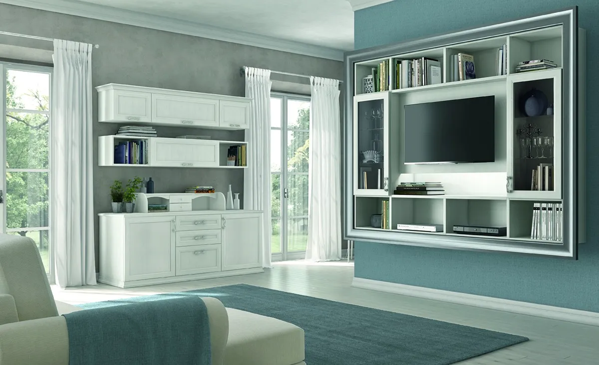 Telaio a giorno bianco porta tv Arcadia Mezzogiorno Classico Colombini su parete color petrolio