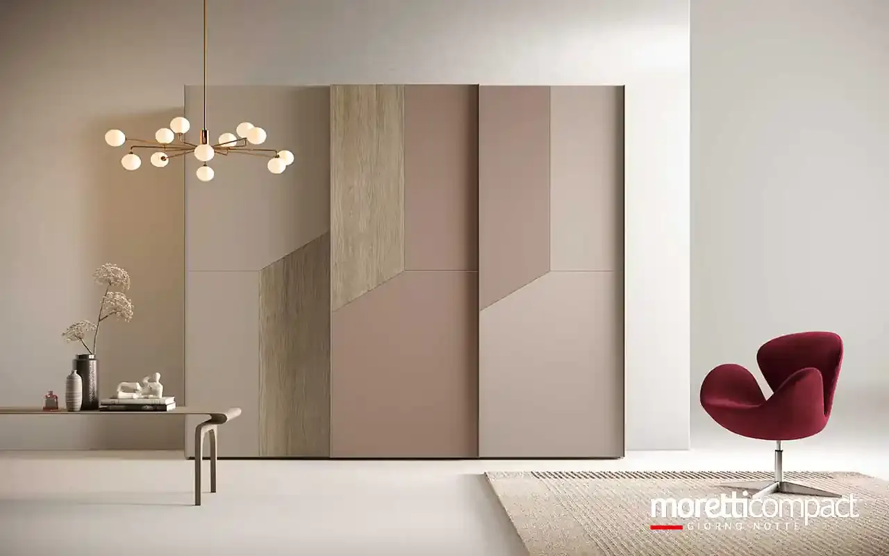 Armadio scorrevole Zenith S153 Moretti Compact rosa e perla con inserto in rovere