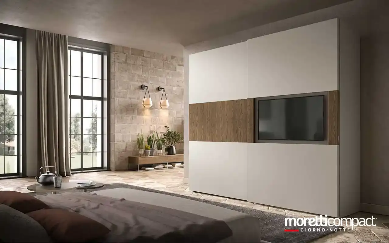 Armadio scorrevole Zenith S159 Moretti Compact con porta TV e fascia in rovere