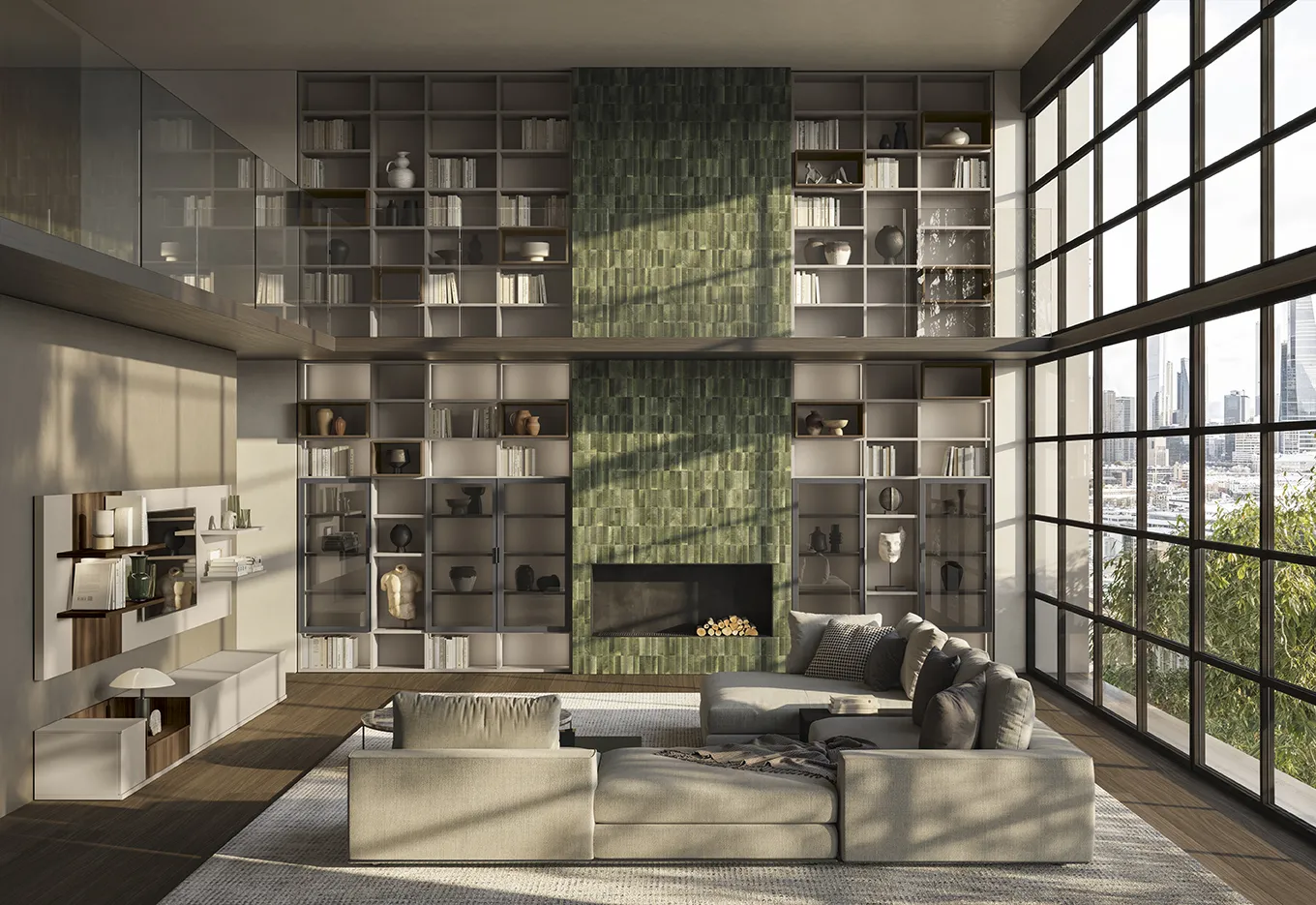 Libreria Infinity Colombini a doppia altezza attorno al camino con parete verde