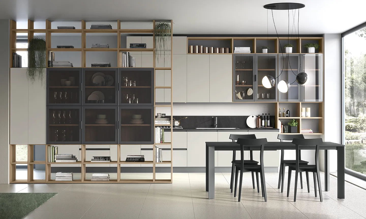 Libreria Infinity Colombini in legno con ante in vetro scuro attorno a cucina e zona pranzo