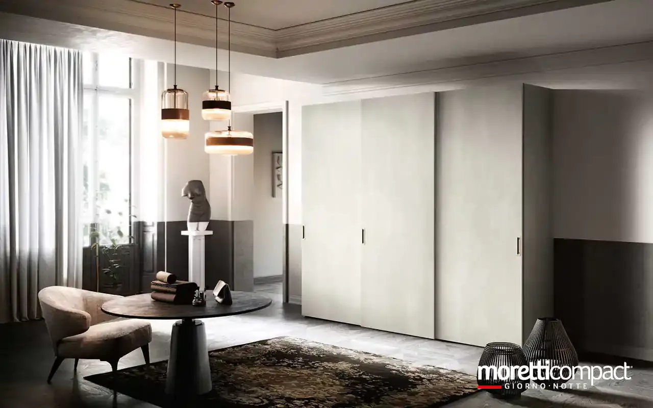 Armadio scorrevole Zenith S175 Moretti Compact in resina chiara con maniglie a incasso