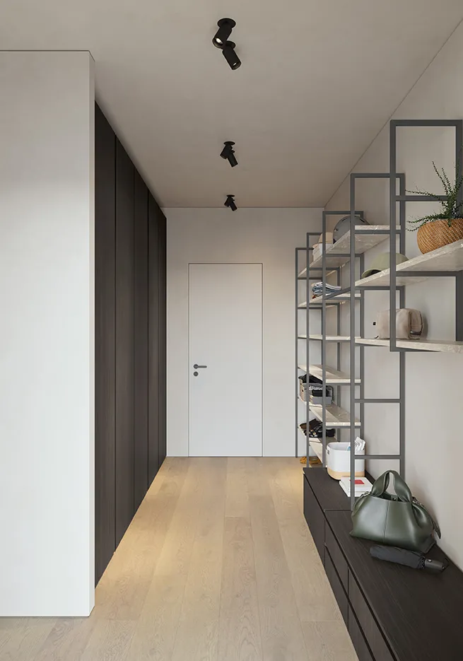 Libreria Up&Up Colombini lungo un corridoio con ripiani in legno sopra un contenitore basso
