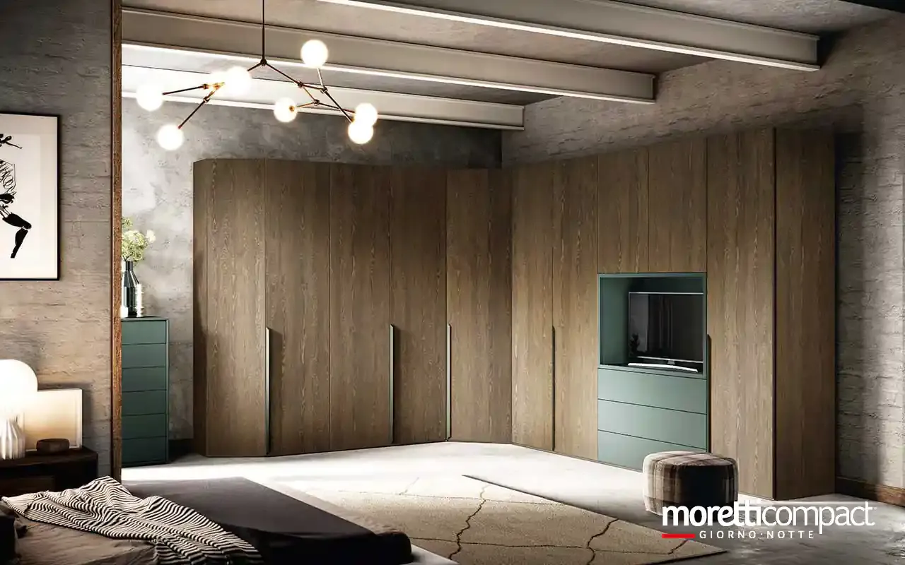 Armadio utility Zenith U460 Moretti Compact ad angolo in rovere con cassettiera verde