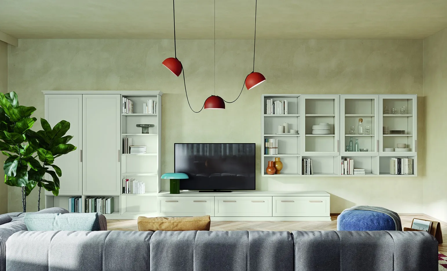 Parete con libreria a terra, vetrine e base porta tv bianche Arcadia Colombini