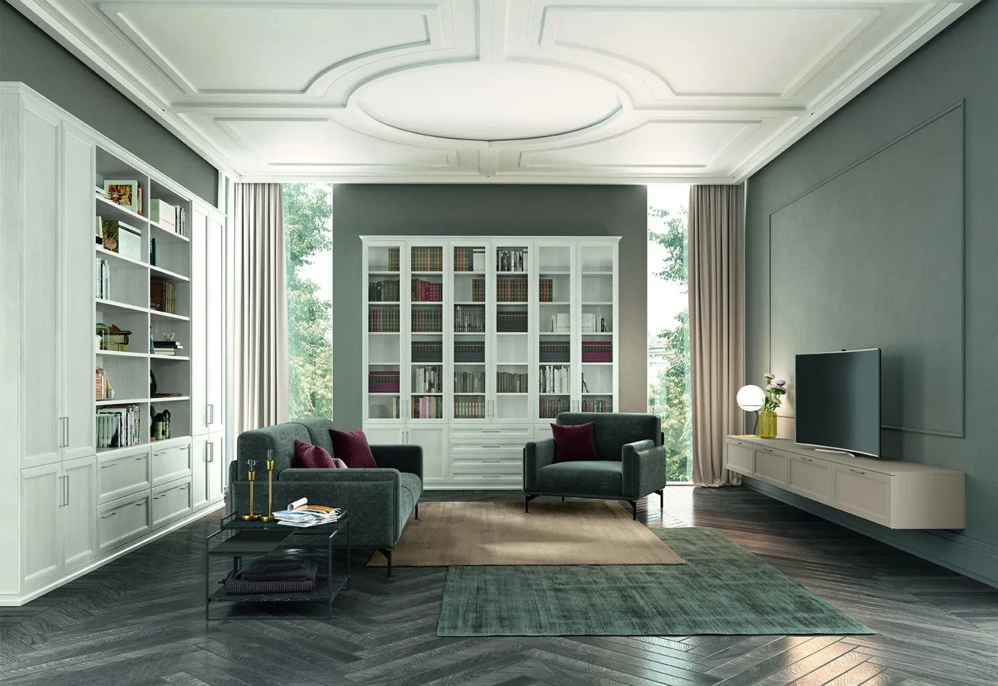 Due librerie a terra bianche Arcadia Colombini ai lati di una vetrina in un salotto decorato