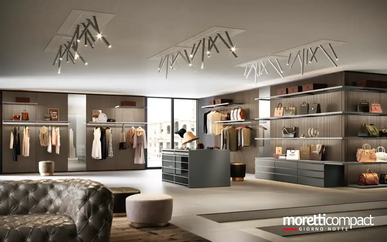 Cabina armadio a cremagliera Omnia G227 Moretti Compact allestita per boutique