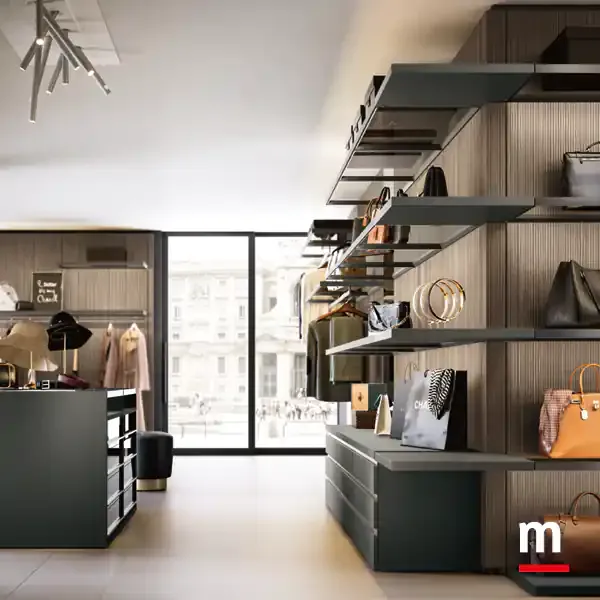 Cabina armadio a cremagliera Omnia G227 Moretti Compact ripiani espositivi