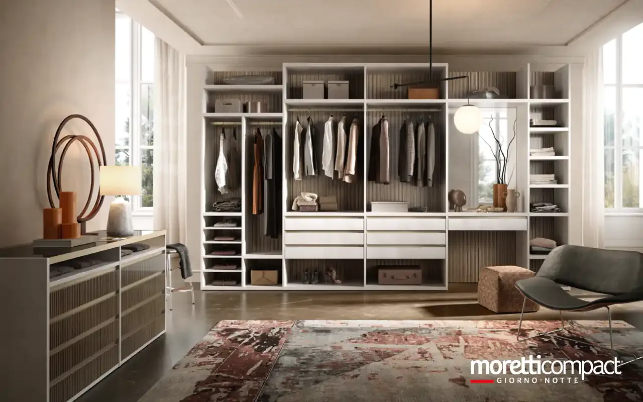 Cabina armadio a moduli Omnia T521 Moretti Compact con zona vanity e isola