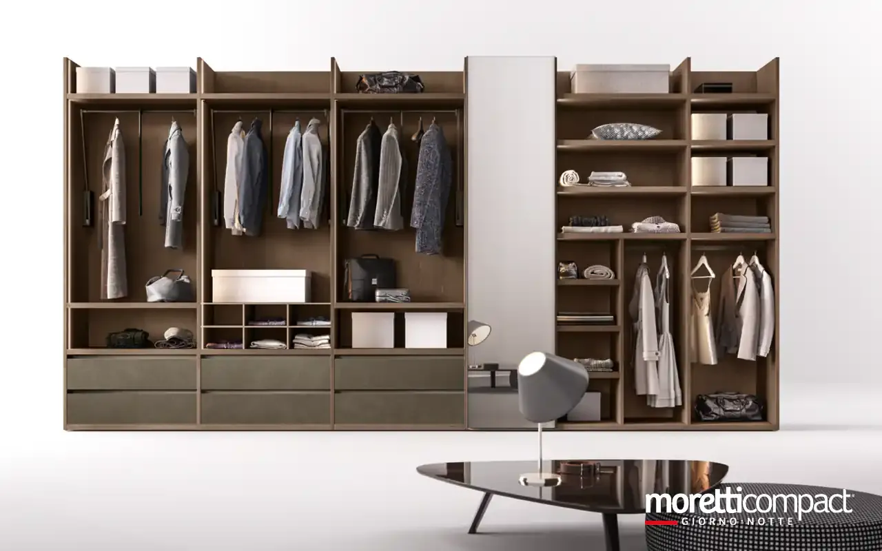 Cabina armadio a moduli Omnia T523 Moretti Compact lineare in rovere con specchio