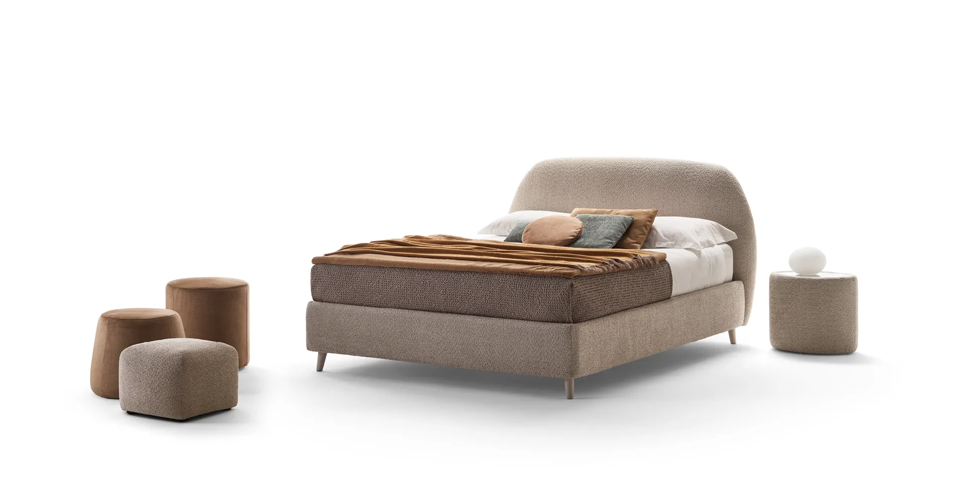 Letto Calipso Rosini tortora con pouf e comodino rotondo