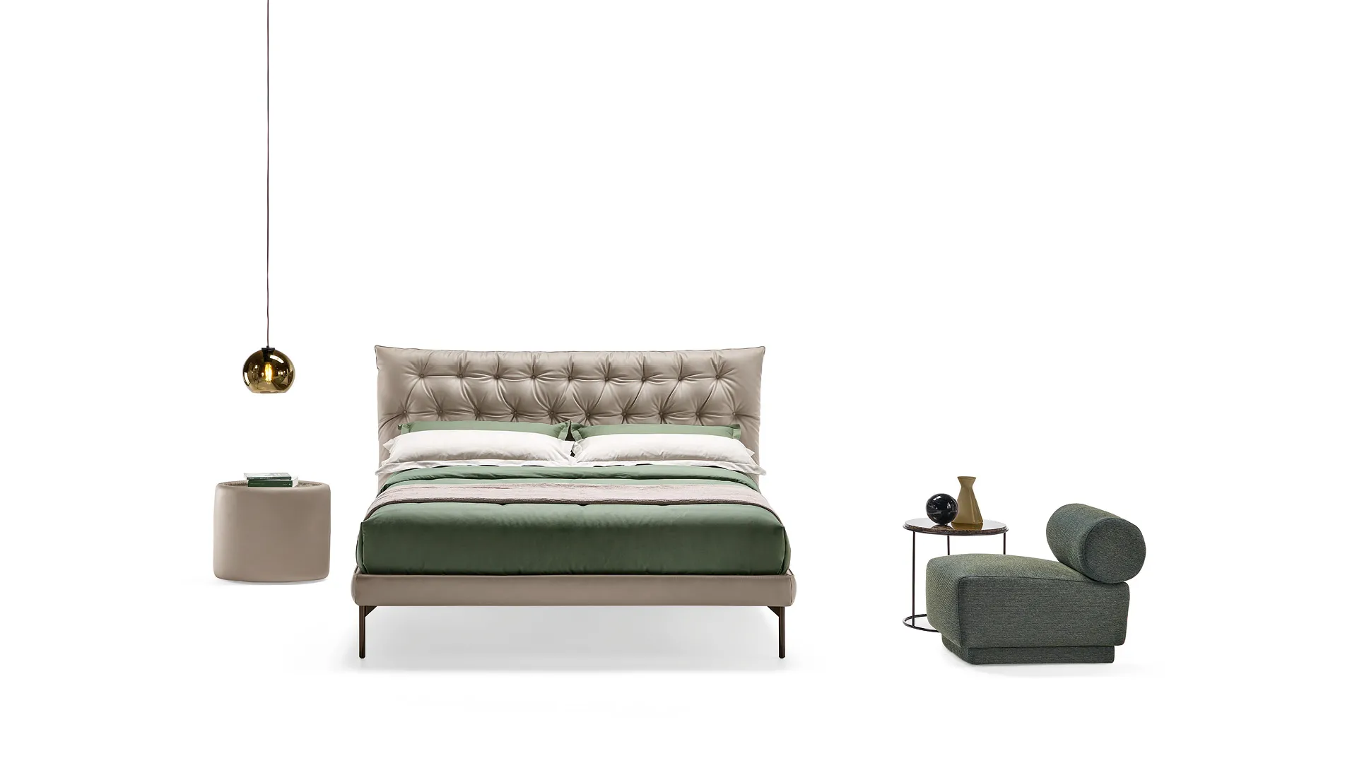 Letto Artemide Rosini tortora con comodino e pouf