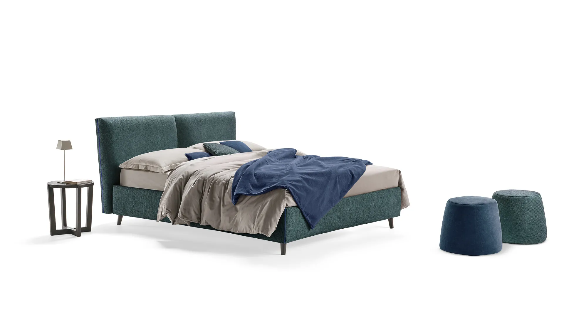 Letto Orione Rosini verde petrolio con due pouf