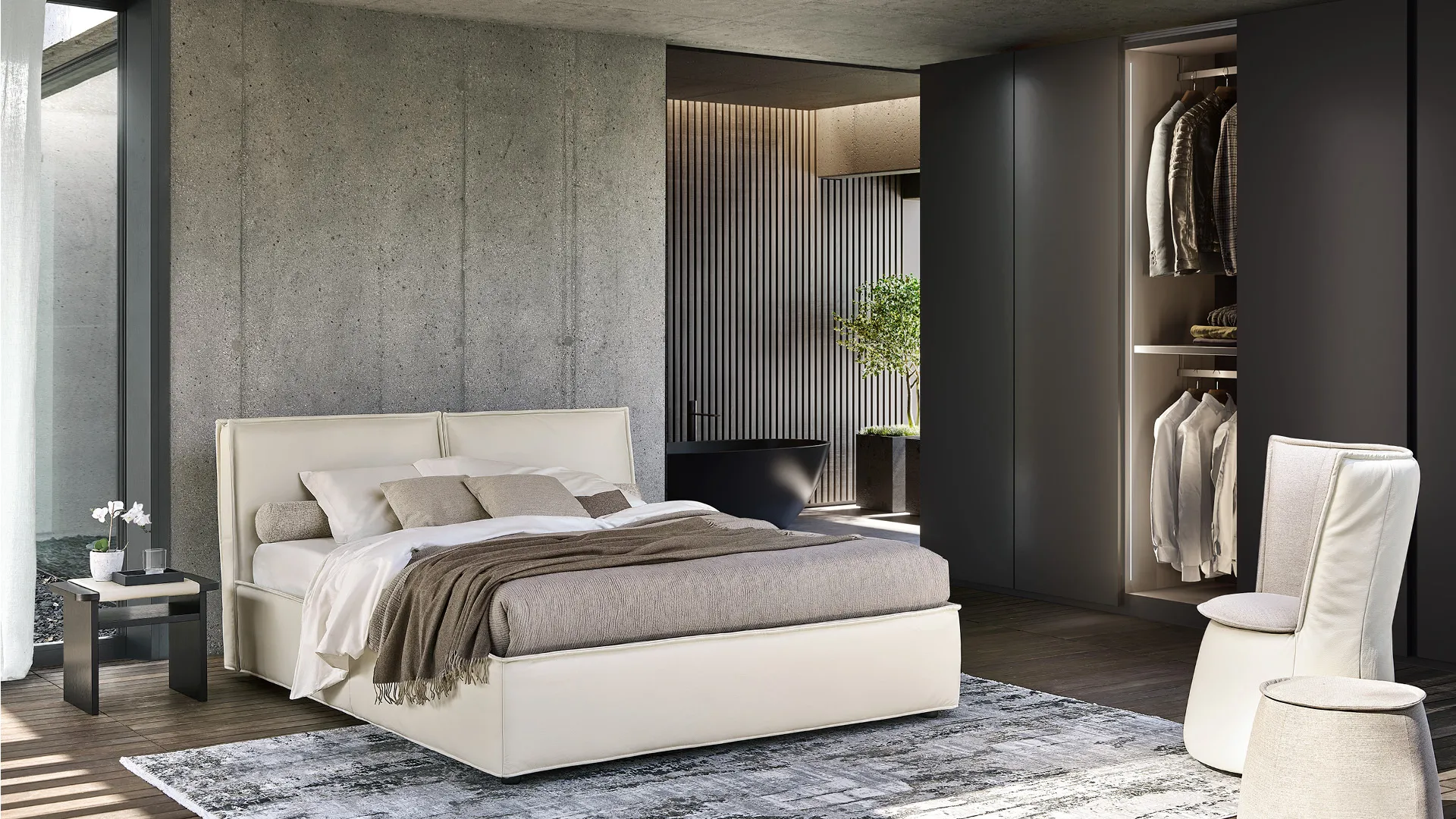 Letto Helios Rosini bianco in una camera con cabina armadio