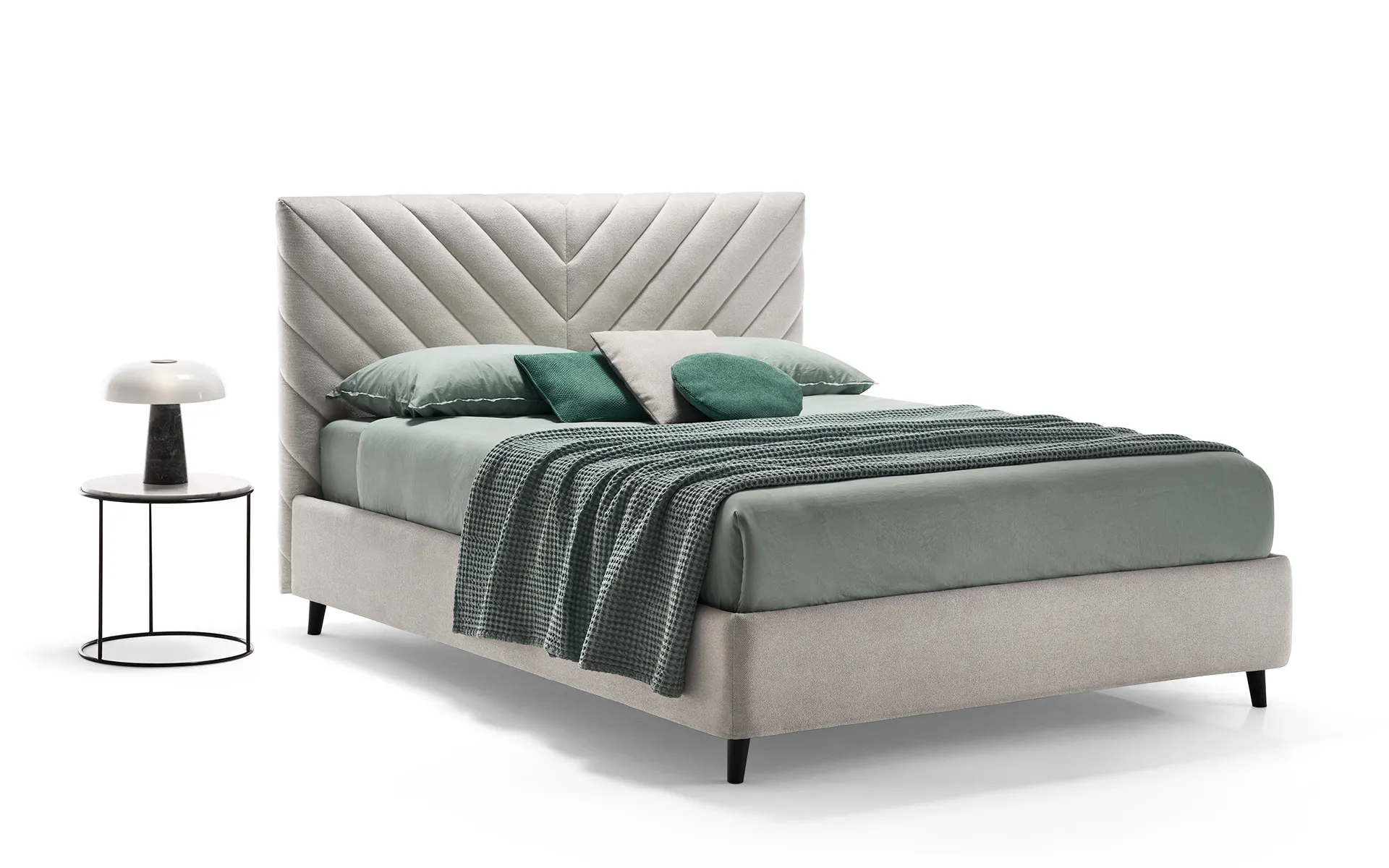 Letto Narciso Rosini grigio chiaro con lenzuola verdi