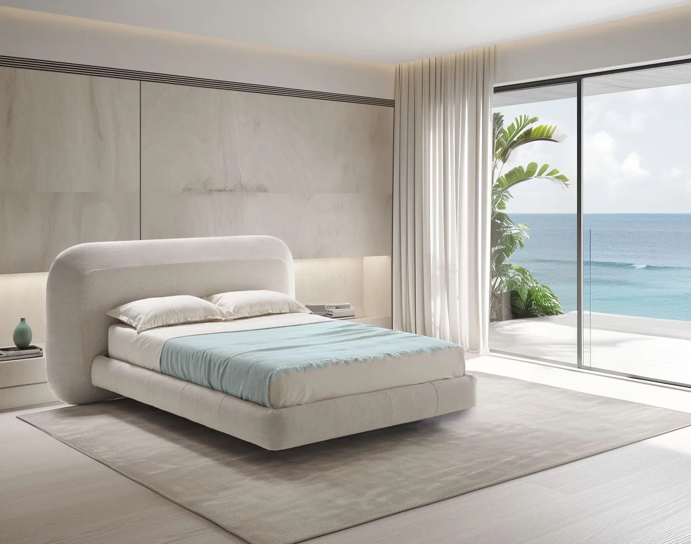 Letto Mars Rosini chiaro in una camera vista mare