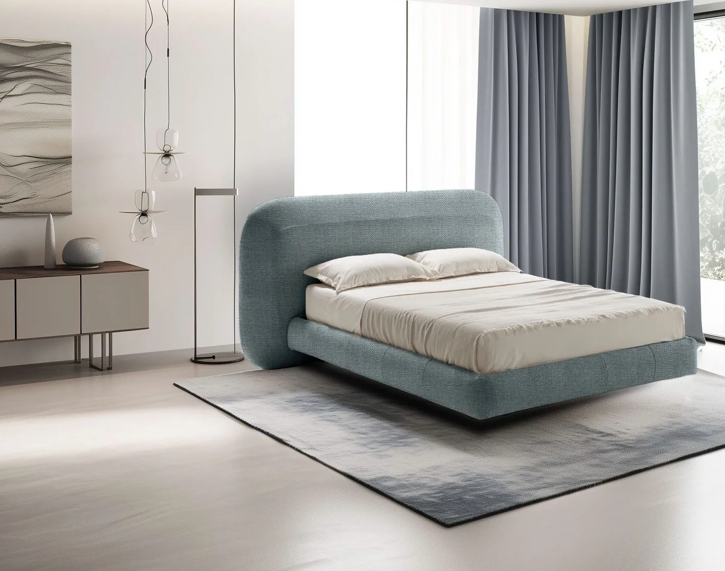 Letto Mars Rosini azzurro con tappeto e mobile basso