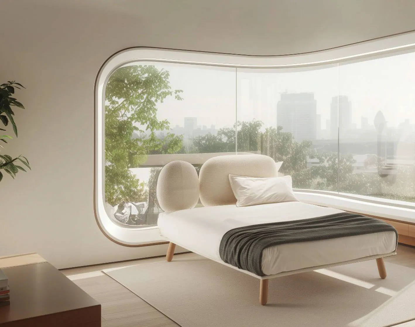 Letto Saturn Rosini davanti a una finestra curva
