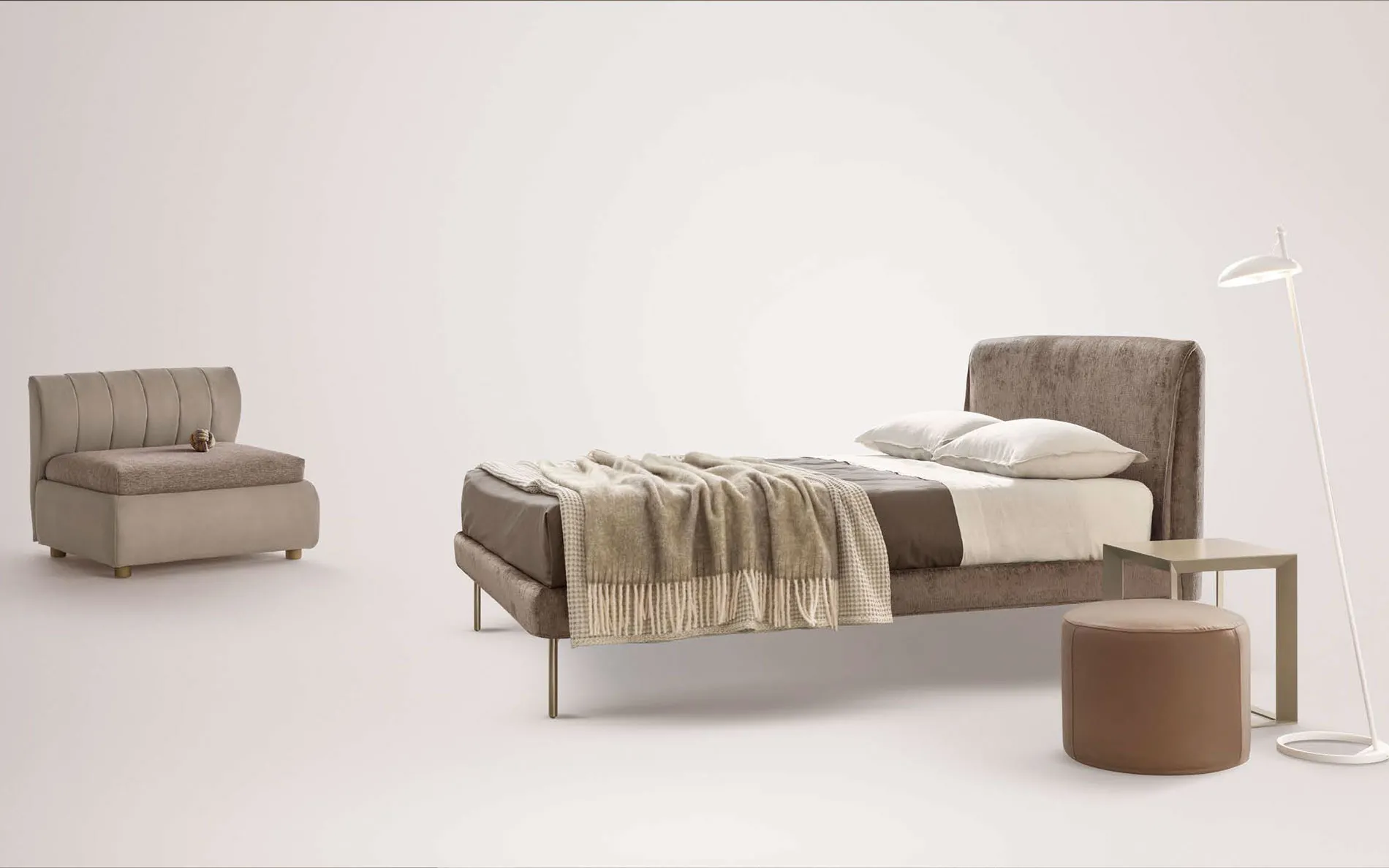 Letto Nadir Rosini tortora con poltroncina e pouf