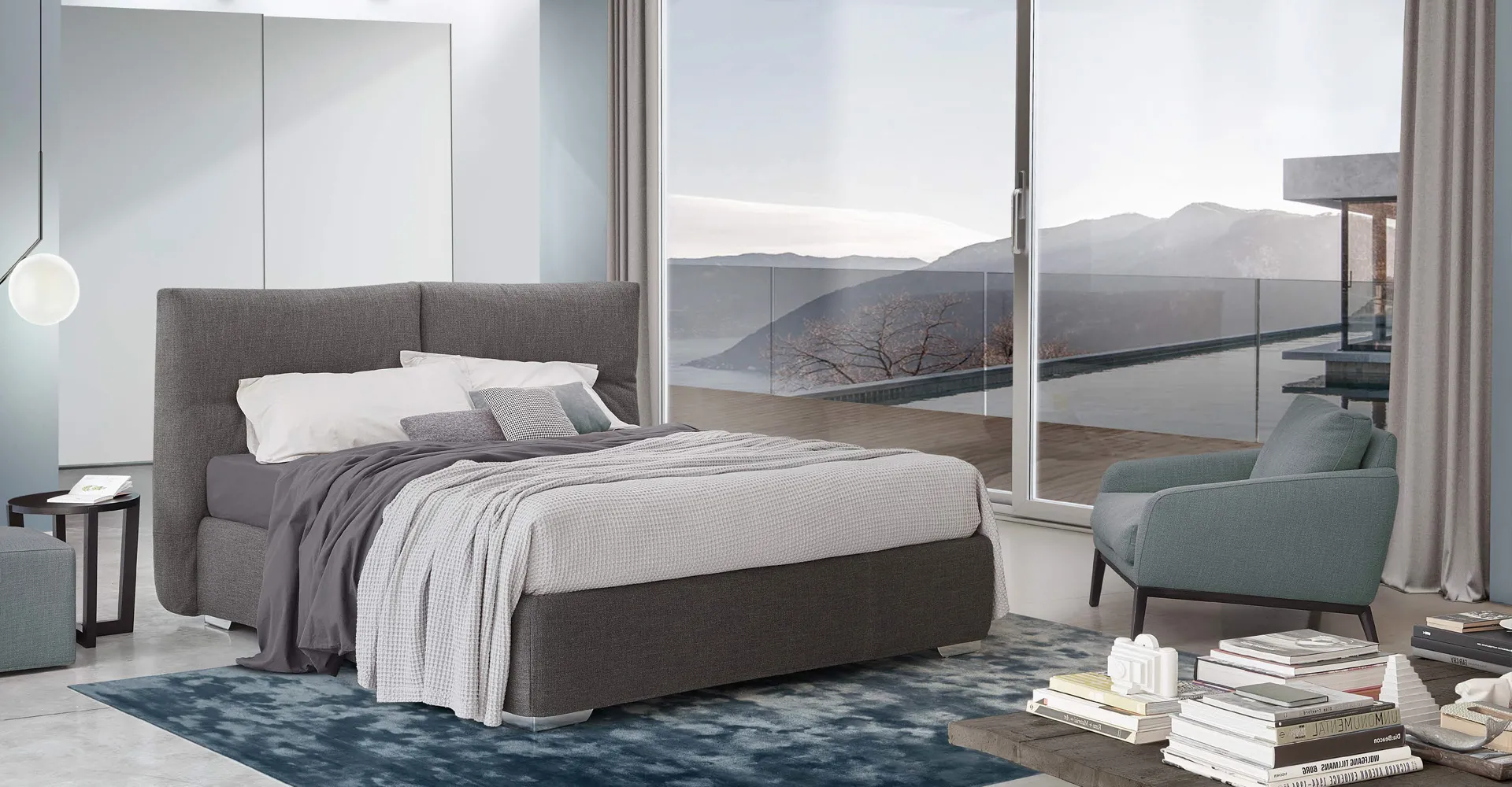Letto Adone Rosini grigio con vista sulle montagne