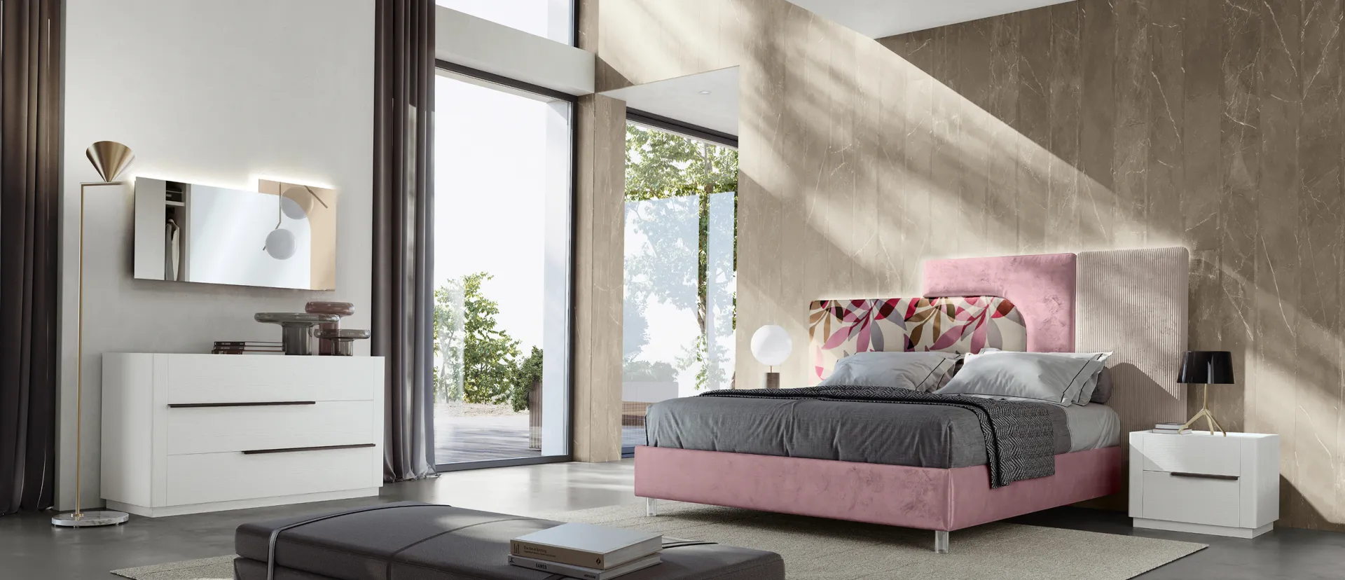 Letto Tahiti RTL Mobili rosa con testata asimmetrica in camera luminosa