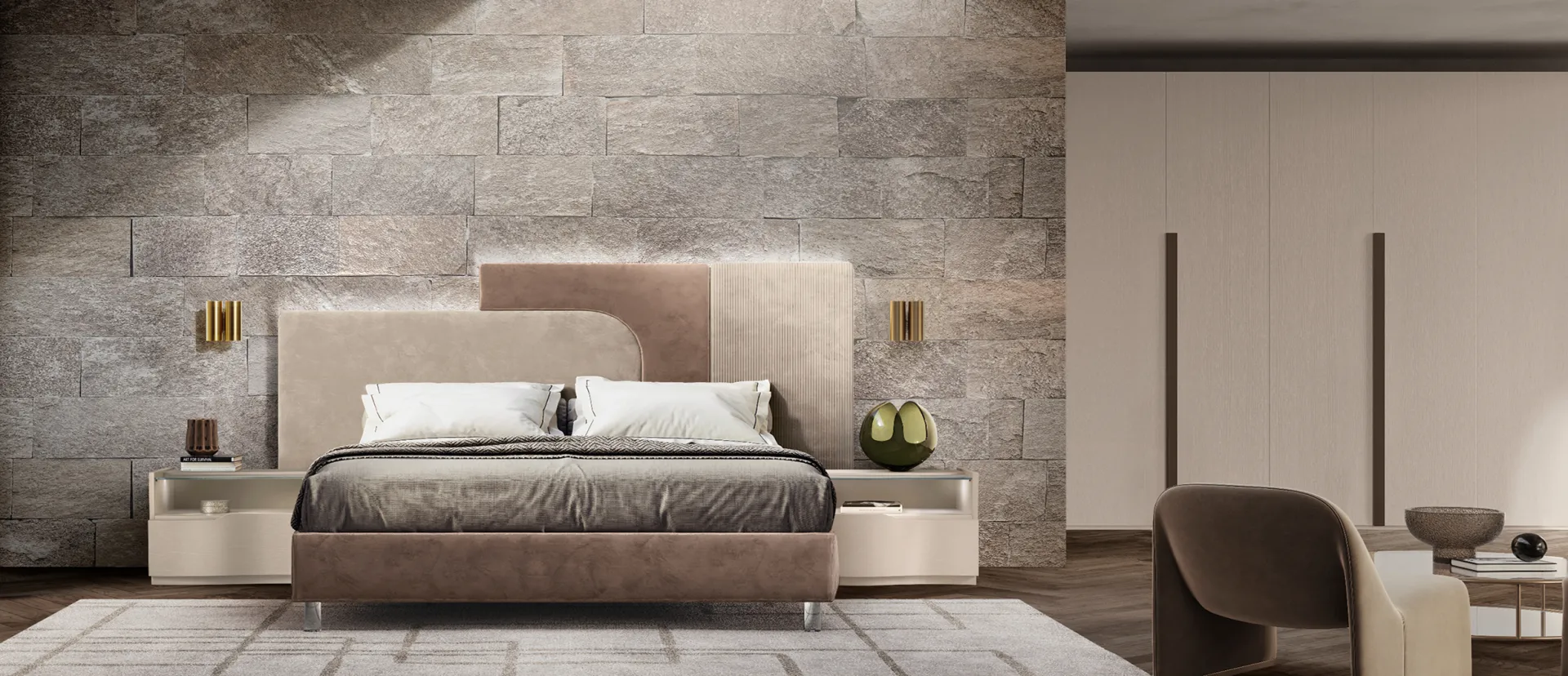 Letto Tahiti RTL Mobili nei toni del beige e del marrone con luce LED sulla testata