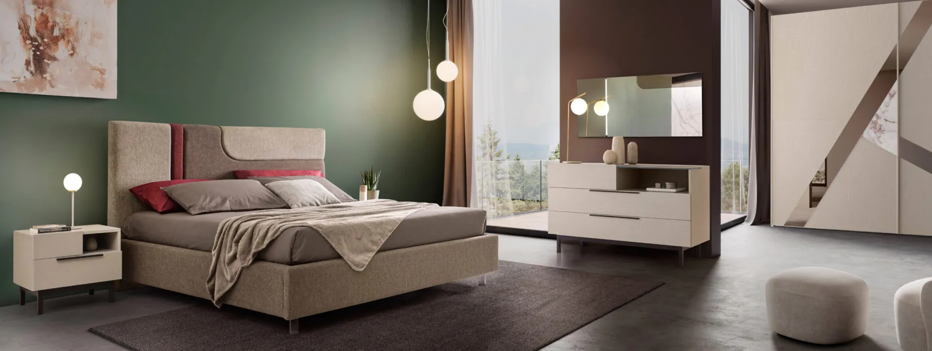 Letto imbottito Giglio RTL Mobili con fascia rossa sulla testata e comò coordinato