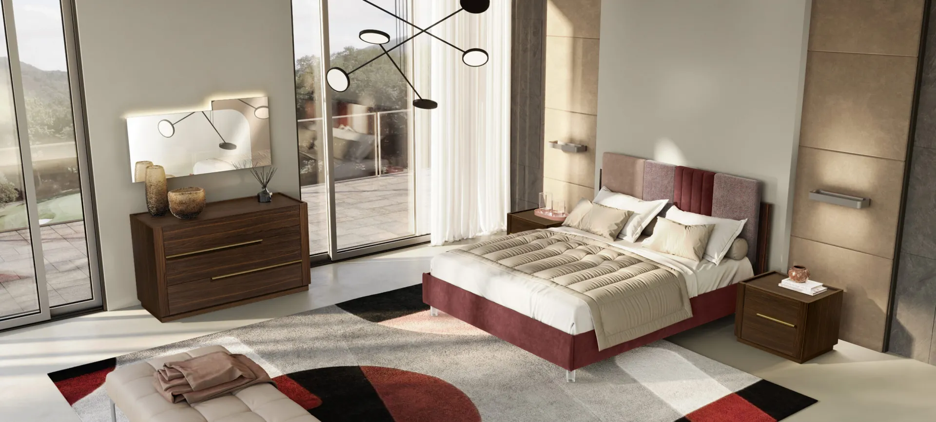 Letto Capri RTL Mobili in velluto bordeaux con comò e comodini in legno scuro