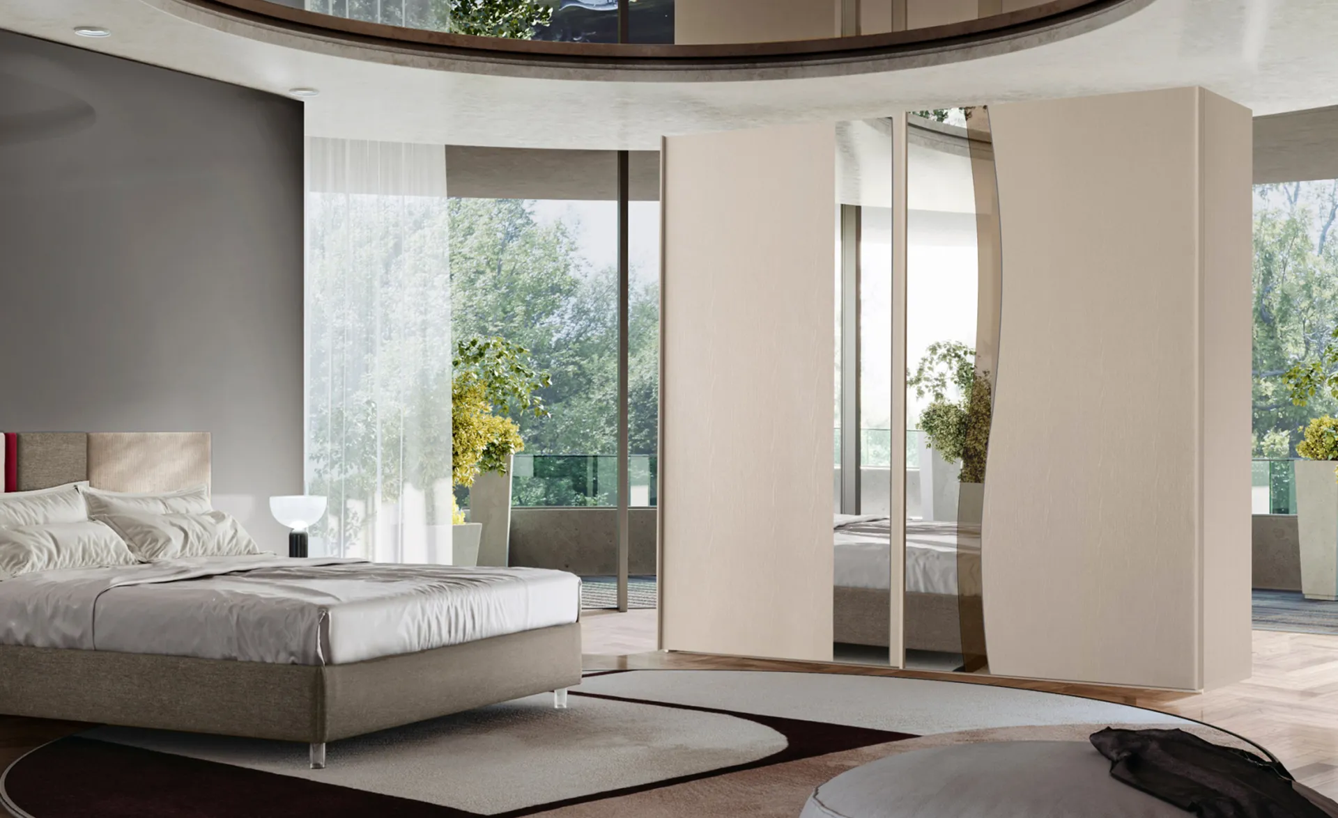 Armadio Onda RTL Mobili accanto al letto in camera con soffitto rotondo